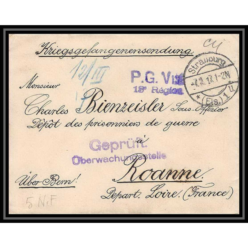 Lettre 1 2886 Prisonniers de Guerre Kriegsgefangenen war 1914/1918 censuré Strasbourg pour Roanne Loire 1917