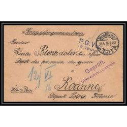 Lettre 1 2887 Prisonniers de Guerre Kriegsgefangenen war 1914/1918 censuré Strasbourg pour Roanne Loire 1916