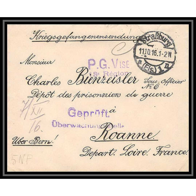 Lettre 1 2889 Prisonniers de Guerre Kriegsgefangenen war 1914/1918 censuré Strasbourg pour Roanne Loire 1916
