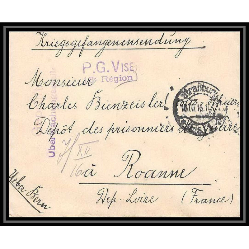 Lettre 1 2893 Prisonniers de Guerre Kriegsgefangenen war 1914/1918 censuré Strasbourg pour Roanne Loire 1916