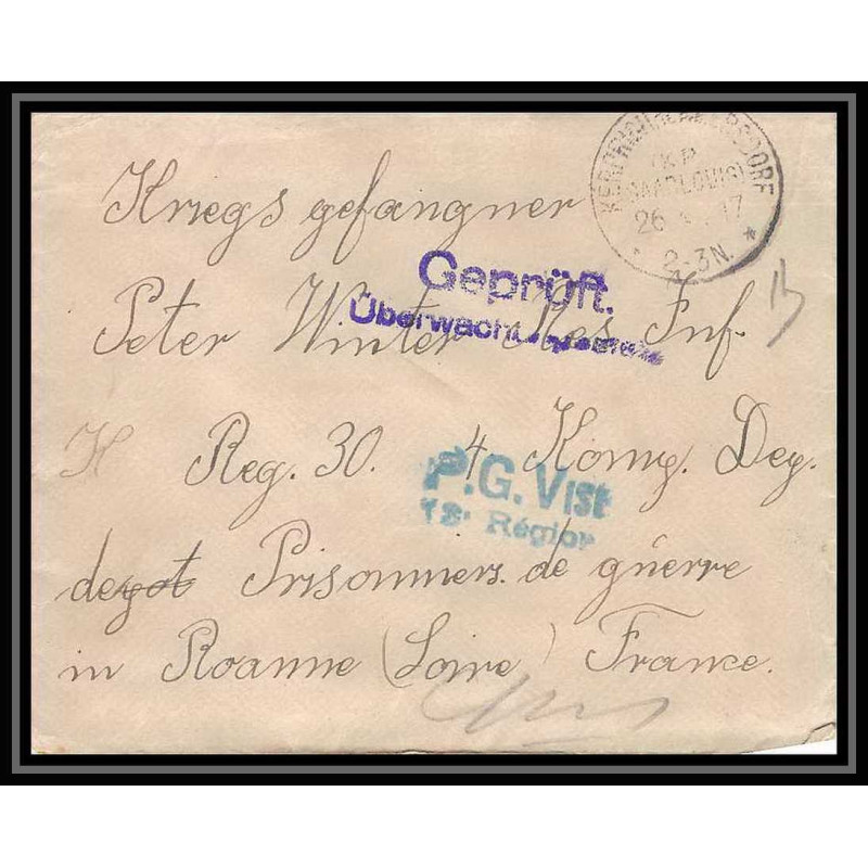 Lettre 1 2897 Prisonniers de Guerre Kriegsgefangenen war 1914/1918 censuré kerprich hemmersdorf p Roanne Loire 1917