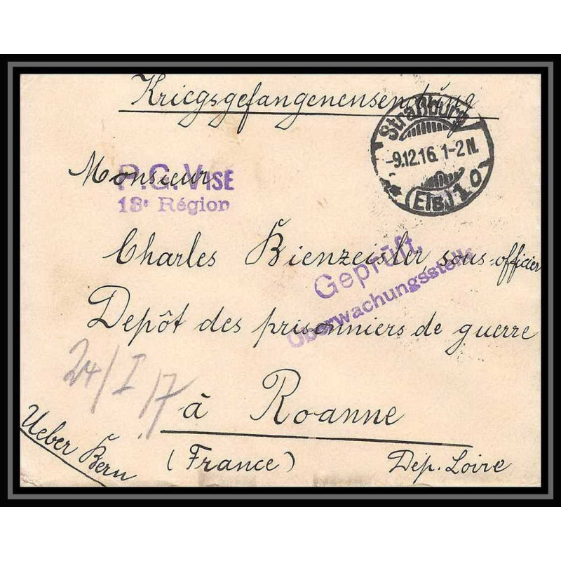 Lettre 1 2900 Prisonniers de Guerre Kriegsgefangenen war 1914/1918 censuré Strasbourg p Roanne Loire 1916