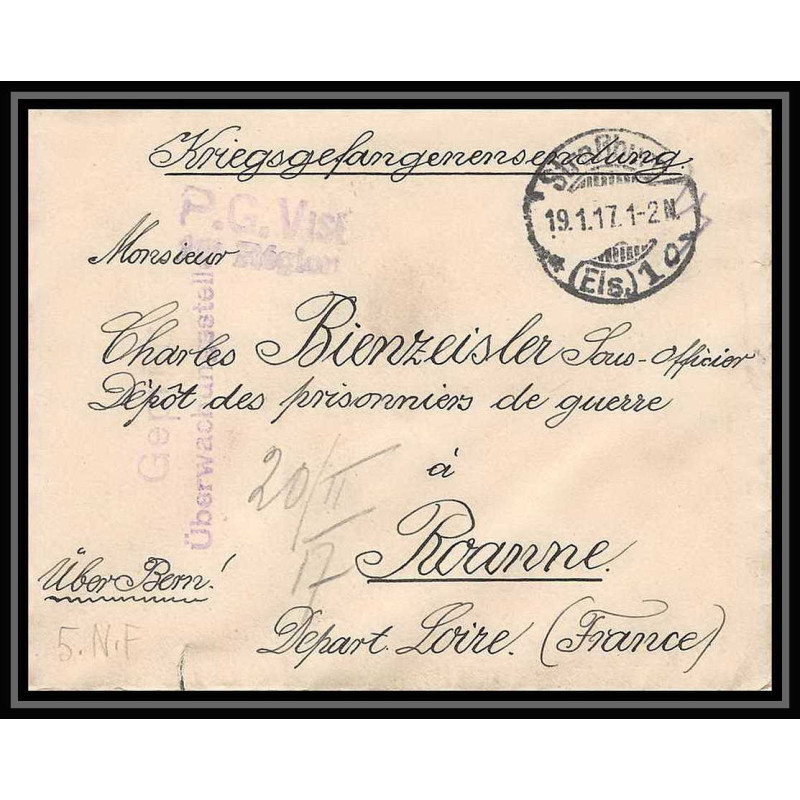 Lettre 1 2902 Prisonniers de Guerre Kriegsgefangenen war 1914/1918 censuré Strasbourg p Roanne Loire 1916