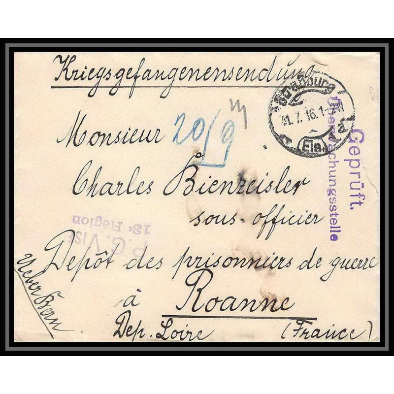 Lettre 1 2906 Prisonniers de Guerre Kriegsgefangenen war 1914/1918 censuré Strasbourg p Roanne Loire 1916