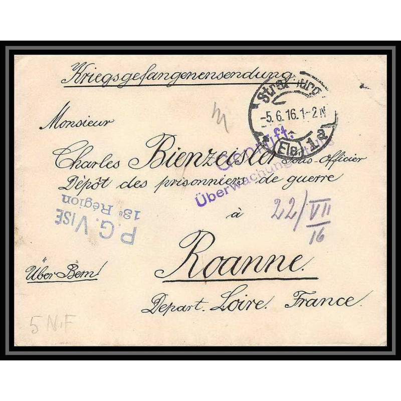 Lettre 1 2908 Prisonniers de Guerre Kriegsgefangenen war 1914/1918 censuré Strasbourg p Roanne Loire 1916