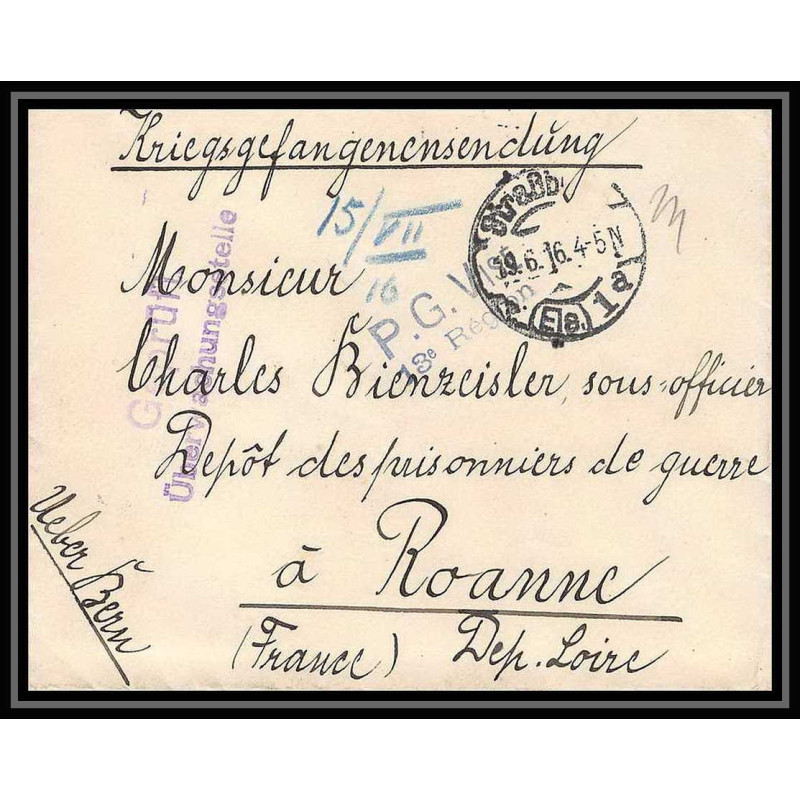 Lettre 1 2909 Prisonniers de Guerre Kriegsgefangenen war 1914/1918 censuré Strasbourg p Roanne Loire 1916
