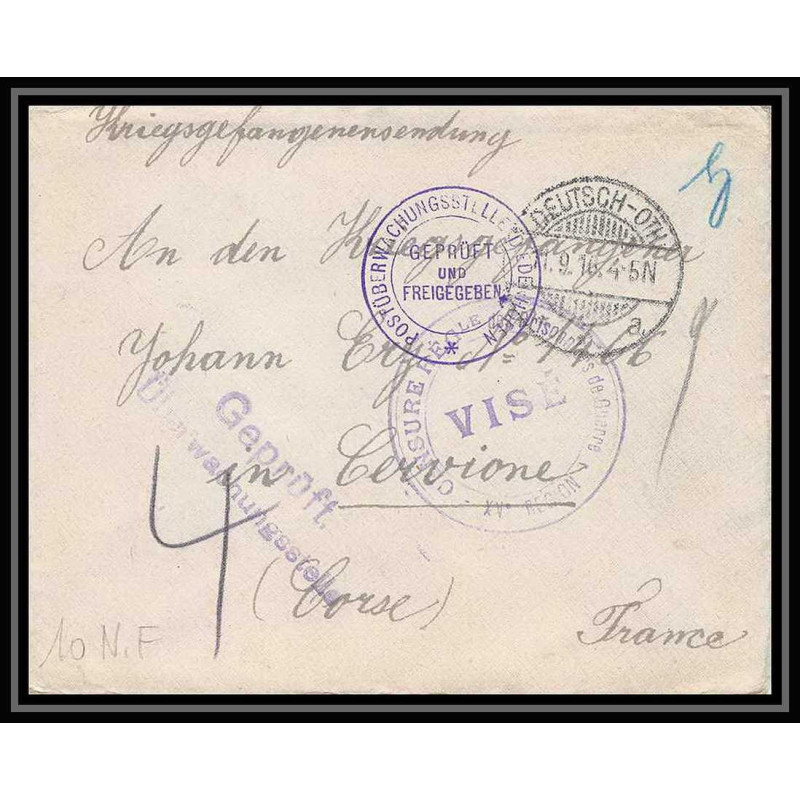 Lettre 1 2938 Prisonniers de Guerre Kriegsgefangenen war 1914/1918 censuré deutsch oth p Cervione Corse 1916