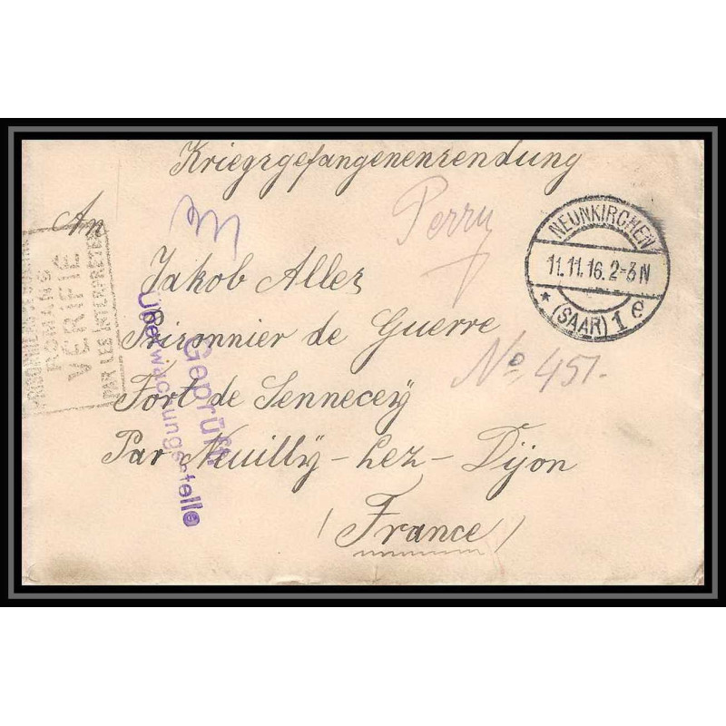 Lettre 1 2946 Prisonniers de Guerre Kriegsgefangenen war 1914/1918 censuré Neunkirchen p Neuilly-lès-Dijon 1916