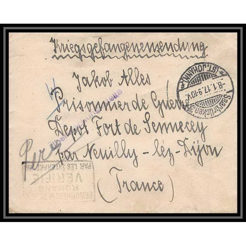 Lettre 1 2947 Prisonniers de Guerre Kriegsgefangenen war 1914/1918 censuré Saarbrucken 3 p Neuilly-lès-Dijon 1917