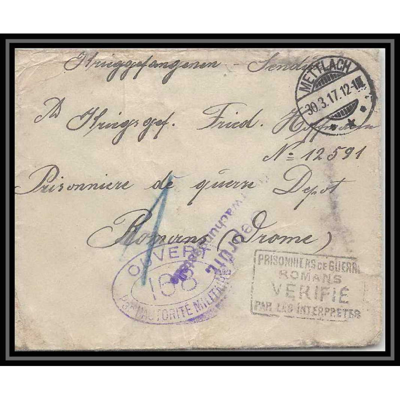 Lettre 1 2958 Prisonniers de Guerre Kriegsgefangenen war 1914/1918 censuré Mettlach p Romans Drome 1917