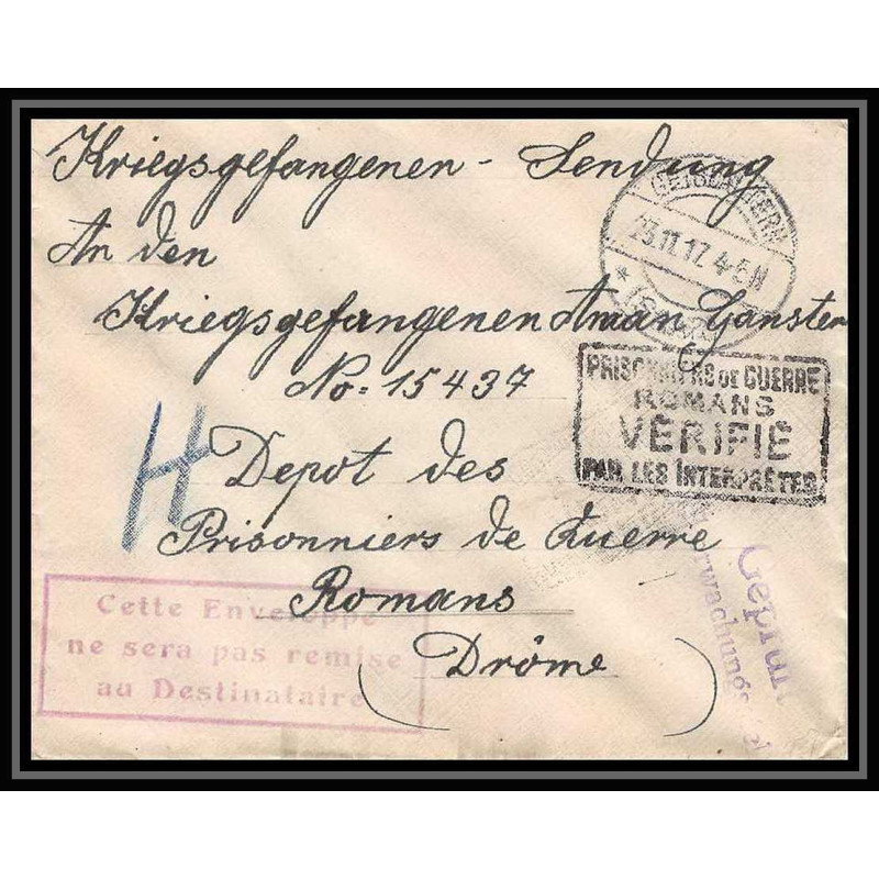Lettre 1 2959 Prisonniers de Guerre Kriegsgefangenen war 1914/1918 censuré Geislautern p Romans Drome 1917