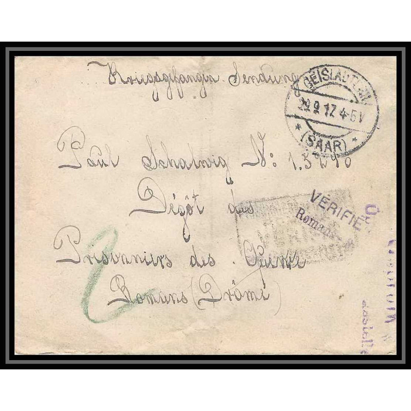 Lettre 1 2964 Prisonniers de Guerre Kriegsgefangenen war 1914/1918 censuré Geislautern p Romans Drome 1917