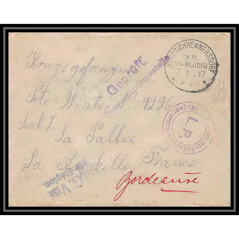 Lettre 1 2987 Prisonniers de Guerre Kriegsgefangenen war 1914/1918 censuré kerprichhemmersdorf La Rochelle Charente 1917