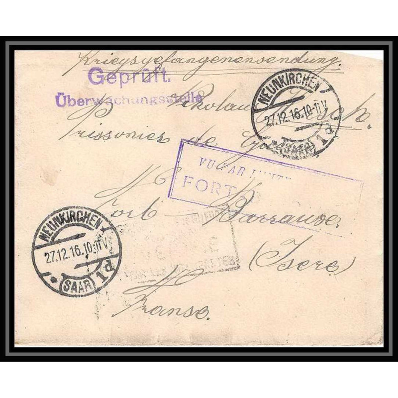 Lettre 1 2996 Prisonniers de Guerre Kriegsgefangenen war 1914/1918 censuré NEUKIRCHEN p Fort Barraux isère 1916