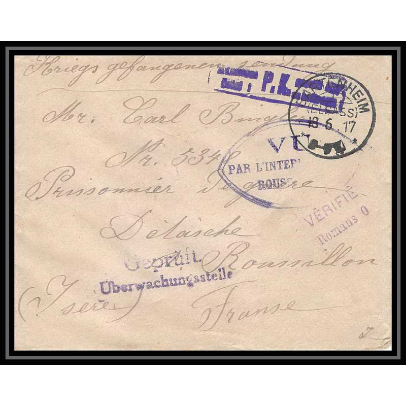 Lettre 1 2997 Prisonniers de Guerre Kriegsgefangenen war 1914/1918 censuré Battersheim p Roussillon isère 1917