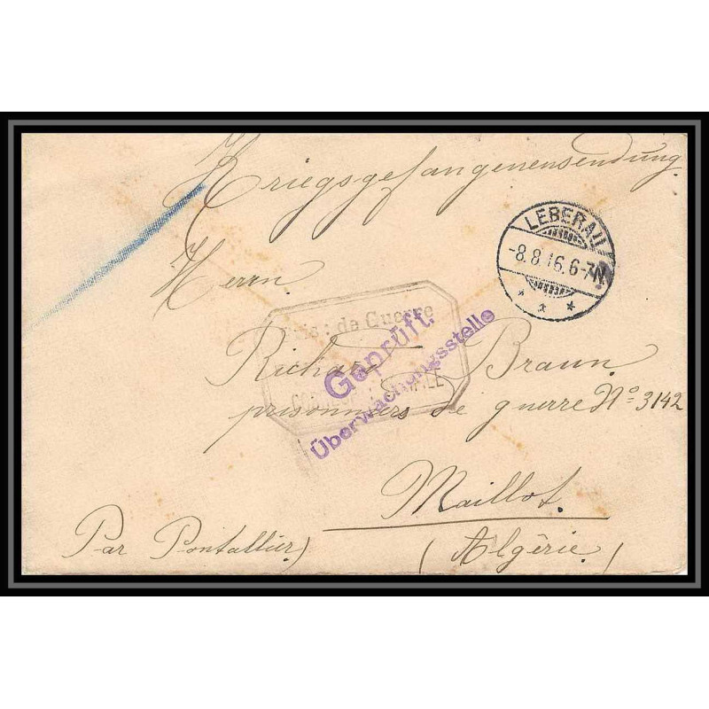 Lettre 1 2999 Prisonniers de Guerre Kriegsgefangenen war 1914/1918 censuré leberau p algérie 1916