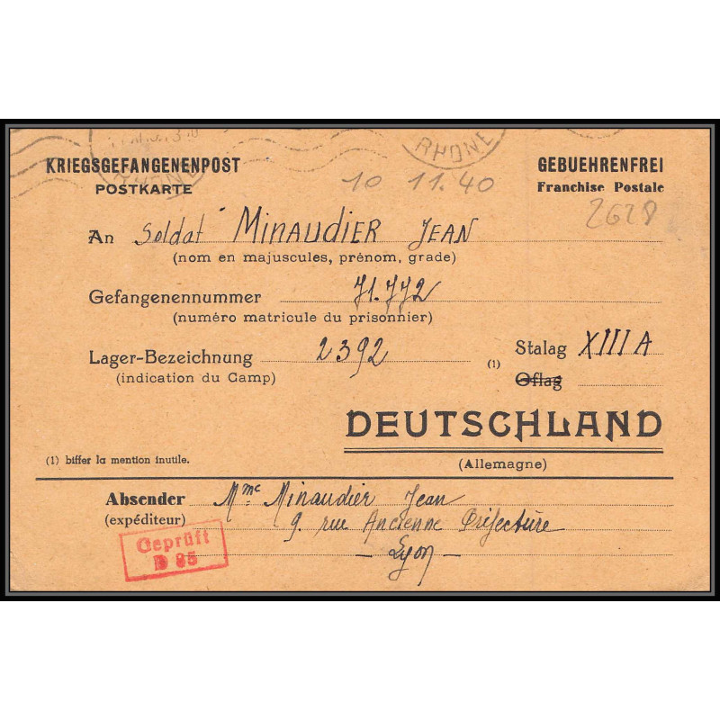 Lettre 2628 Prisonniers de Guerre Kriegsgefangenen war 1939/1945 Stalag 13A Camp 2392 D85