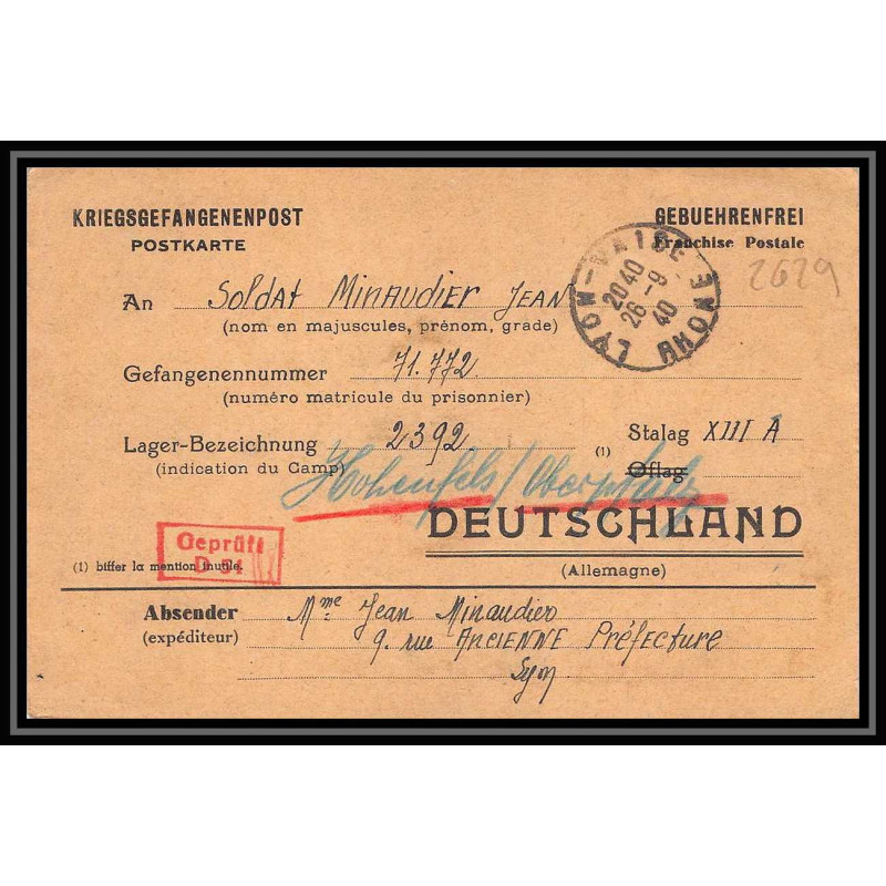 Lettre 2629 Prisonniers de Guerre Kriegsgefangenen war 1939/1945 Stalag 13A Camp 2392 D51 