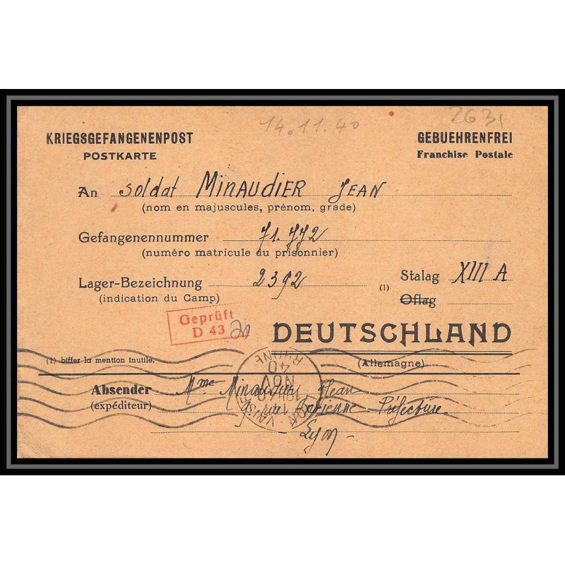 Lettre 2631 Prisonniers de Guerre Kriegsgefangenen war 1939/1945 Stalag 13A Camp 2392 D43