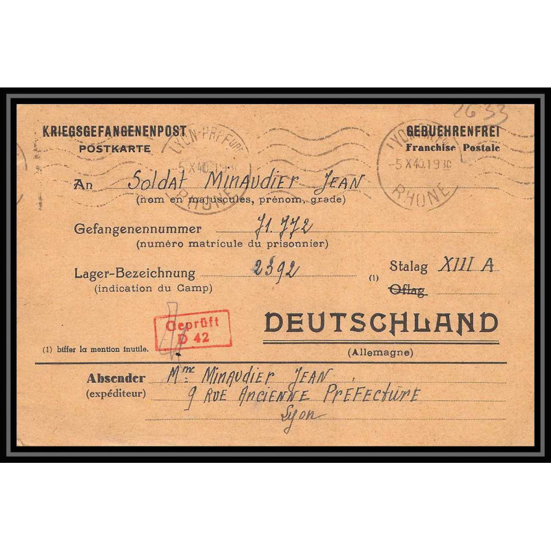 Lettre 2633 Prisonniers de Guerre Kriegsgefangenen war 1939/1945 Stalag 13A Camp 2392 D42 