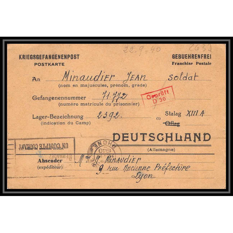 Lettre 2637 Prisonniers de Guerre Kriegsgefangenen war 1939/1945 Stalag 13A Camp 2392 D30