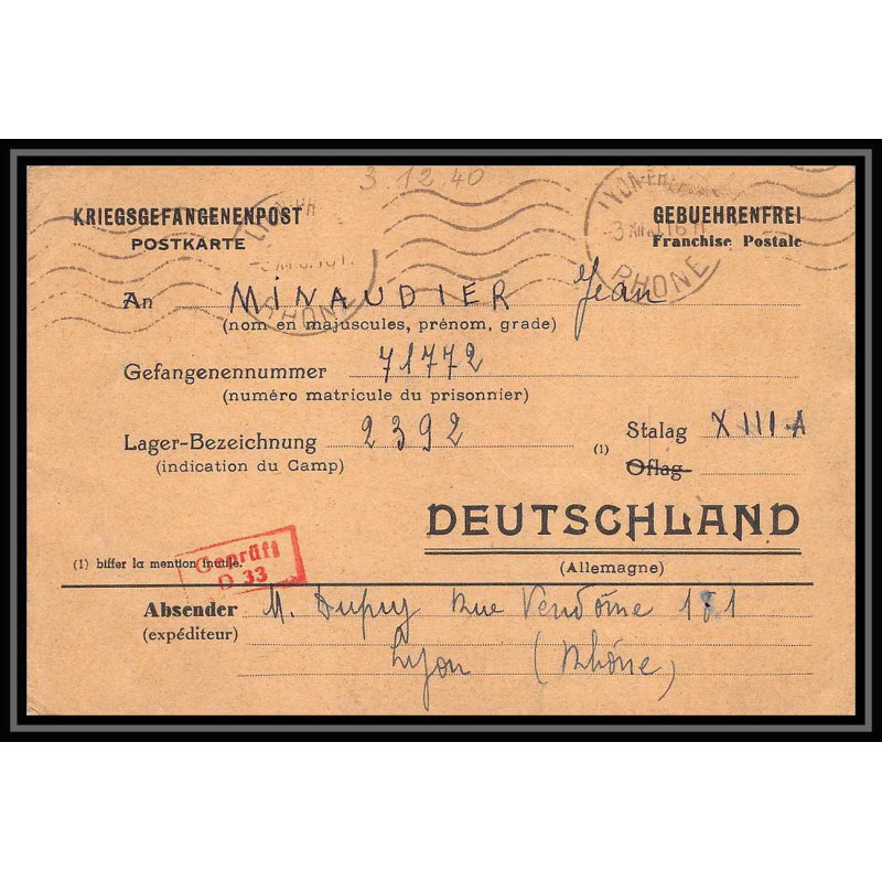 Lettre 2638 Prisonniers de Guerre Kriegsgefangenen war 1939/1945 Stalag 13A Camp 2392 D30