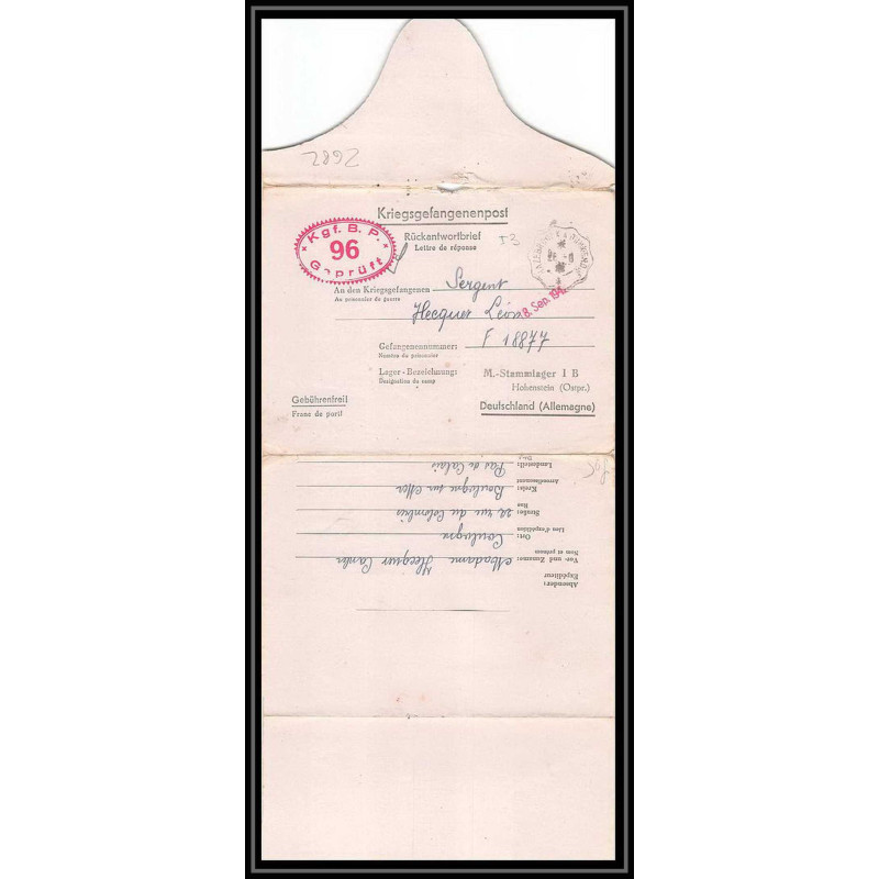 Lettre 2682 Prisonniers de Guerre Kriegsgefangenen war 1939/1945 STALAG KGF BP 96 1B
