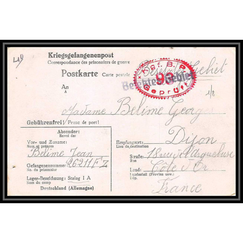 Lettre 2689 Prisonniers de Guerre Kriegsgefangenen war 1939/1945 Stalag 1A 93 Camp 26211 FZ