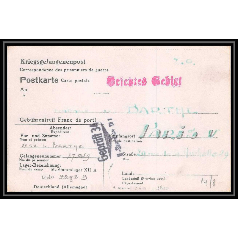 Lettre 2694 Prisonniers de Guerre Kriegsgefangenen war 1939/1945 STALAG 7 - 2282B