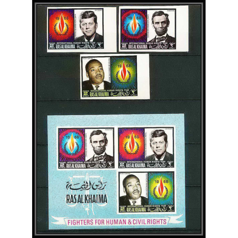 358e Ras Al Khaima MNH ** Mi N° 226 / 228 B + bloc N° 41 B human rights Kennedy Lincoln Luther king non dentelé impef