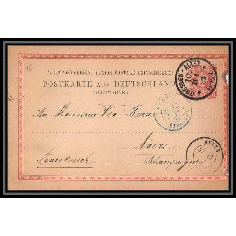 2163/ Allemagne (germany) Entier Stationery Carte postale (postcard) N°8 DRESDEN AVIZE CACHET BLEU Paris étranger 1881 