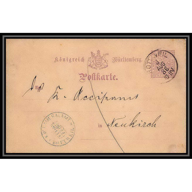 2185/ Allemagne (germany) wurttemberg Entier Stationery Carte postale (postcard) N°24 Rottweil pour neukirch 1886