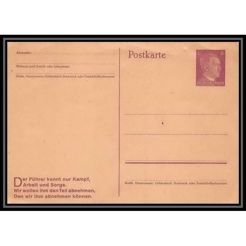 2193/ Allemagne (germany) Entier Stationery Carte postale (postcard) N° 292 NEUF 6 pfg hitler 