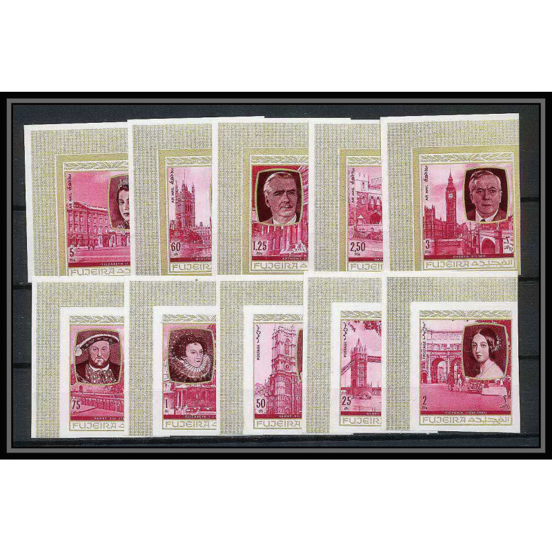 363d - Fujeira MNH ** Mi N° 475 / 484 B English Royalty history non dentelé (Imperf) churchill coin de feuille 