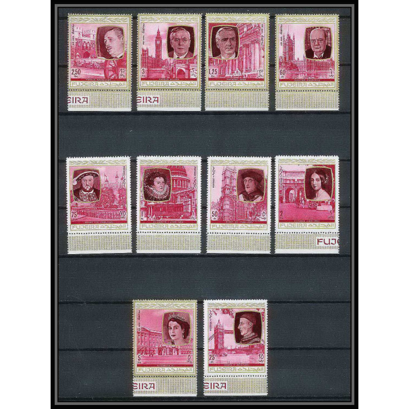 363g - Fujeira MNH ** Mi N° 475 / 484 A English Royalty history churchill king henri 7 queen elisabeth mc millan wilson