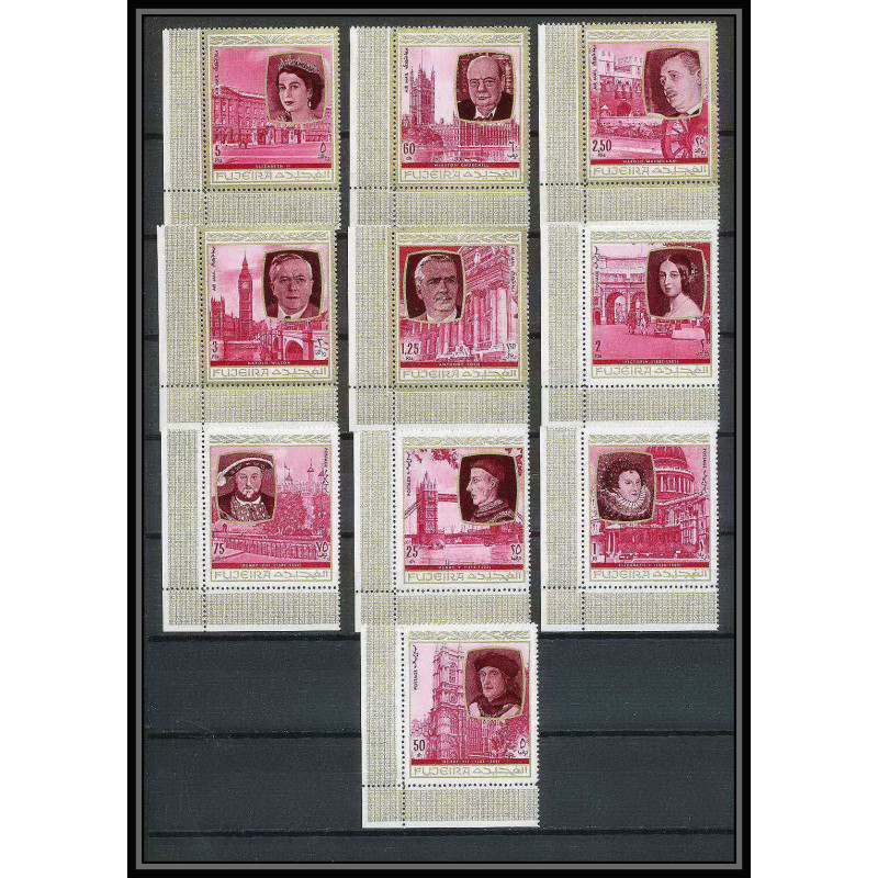 363h - Fujeira MNH ** Mi N° 475 / 484 A English Royalty history churchill king henri 7 queen elisabeth mc millan wilson