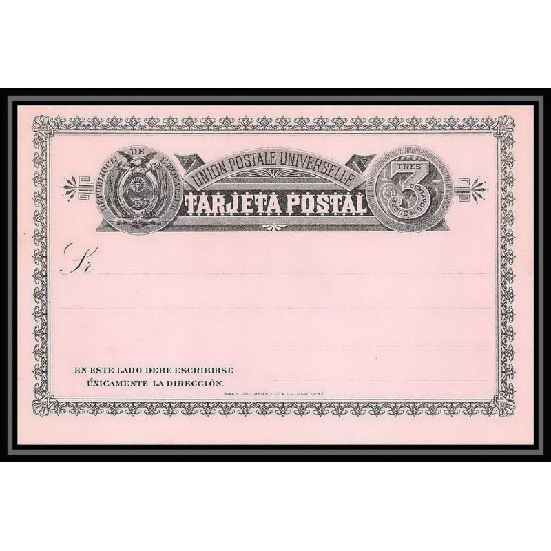 3752/ Equateur (ecuador) Entier Stationery Carte postale (postcard) 3c noir sur rose tb