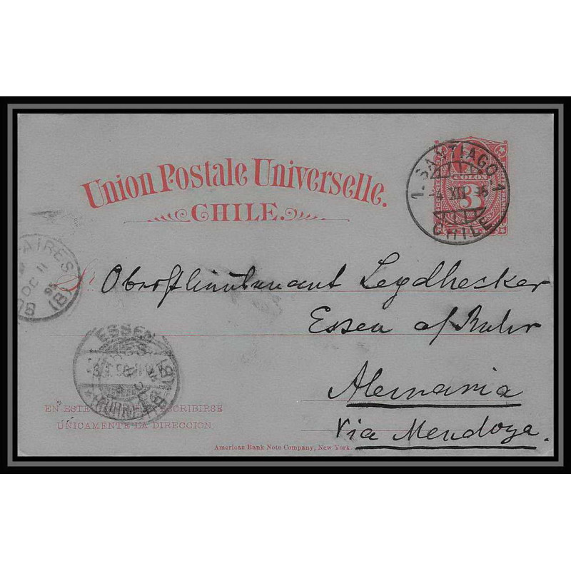 3899/ Chili chile Entier Stationery Carte postale N°15 allemagne (germany) via buenos aires Argentine (Argentina) 1895