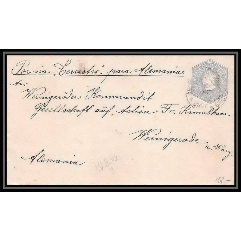 3917/ Chili (chile) Entier Stationery Enveloppe (cover) N°6 pour wernigerode allemagne (germany) 1901