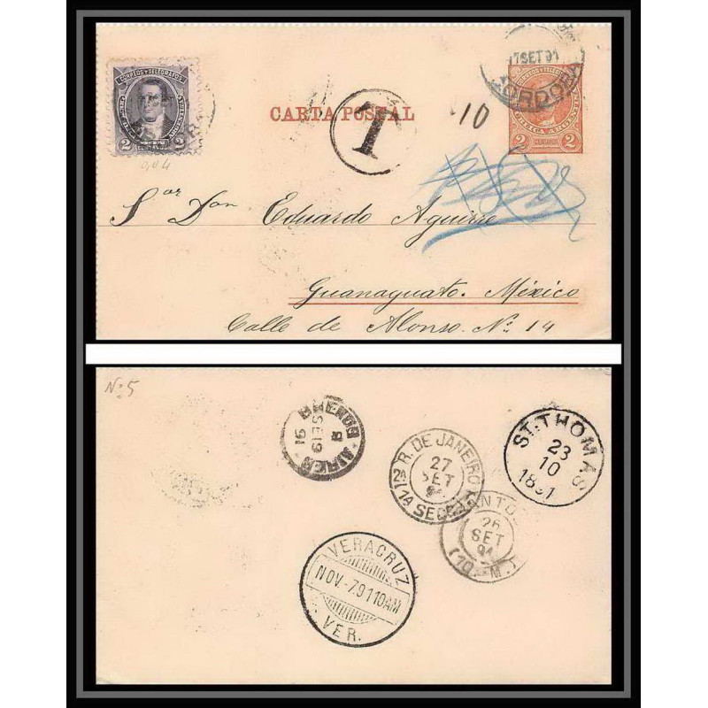 3939/ Argentine (Argentina) Entier Stationery carte lettre letter card taxé pour mexico 1891 via rio de janeiro st thoma