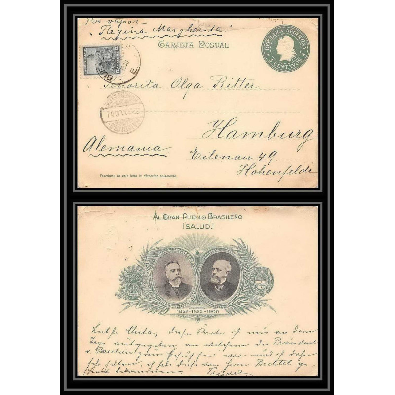 4138/ Argentine Argentina Entier Stationery postcard N°22 pour hamburg germany steamship regina margherita 1900