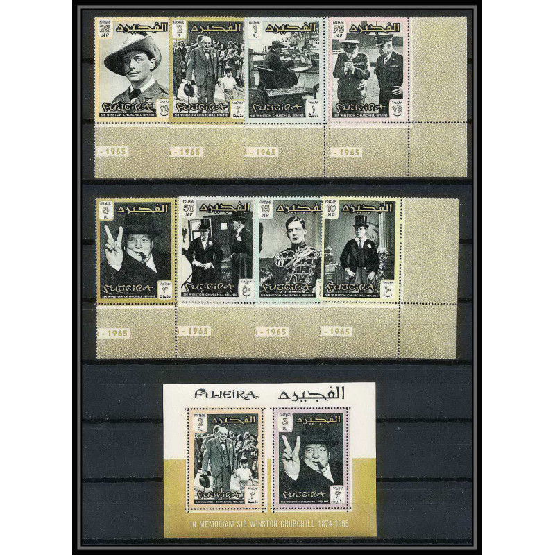 368 - Fujeira MNH ** Mi N° 60 / 67 A + BLOC 3 A Winston Churchill Coin de feuille