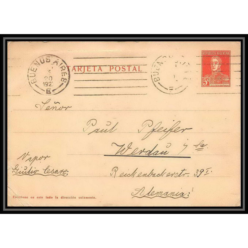 4202/ Argentine Argentina Entier Stationery postcard N°24 steamship julio lesore pour werdau Allemagne (germany) 1927