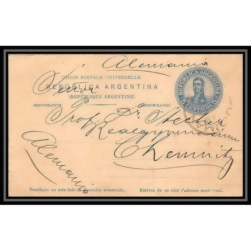 4217/ Argentine (Argentina) Entier Stationery Carte postale (postcard) N°31 pour Chemnitz Allemagne (germany) 1909
