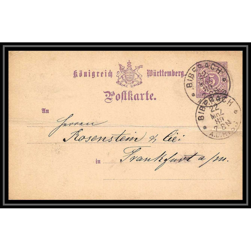 4554 Biberach 5p lillas 1889 carte postale Allemagne (germany) Entier postal Stationery