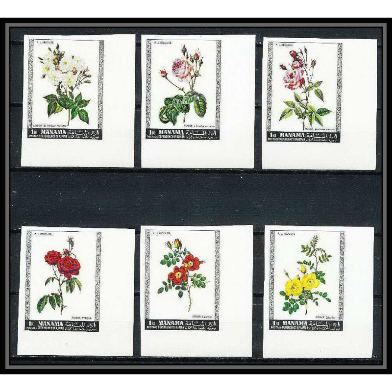377a - Manama MNH ** Mi N° 170 / 175 B non dentelé (Imperf) fleurs flowers Roses coin de feuille