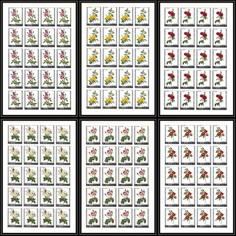 377c - Manama MNH ** Mi N° 170 / 175 B non dentelé (Imperf) fleurs flowers Roses feuilles sheets