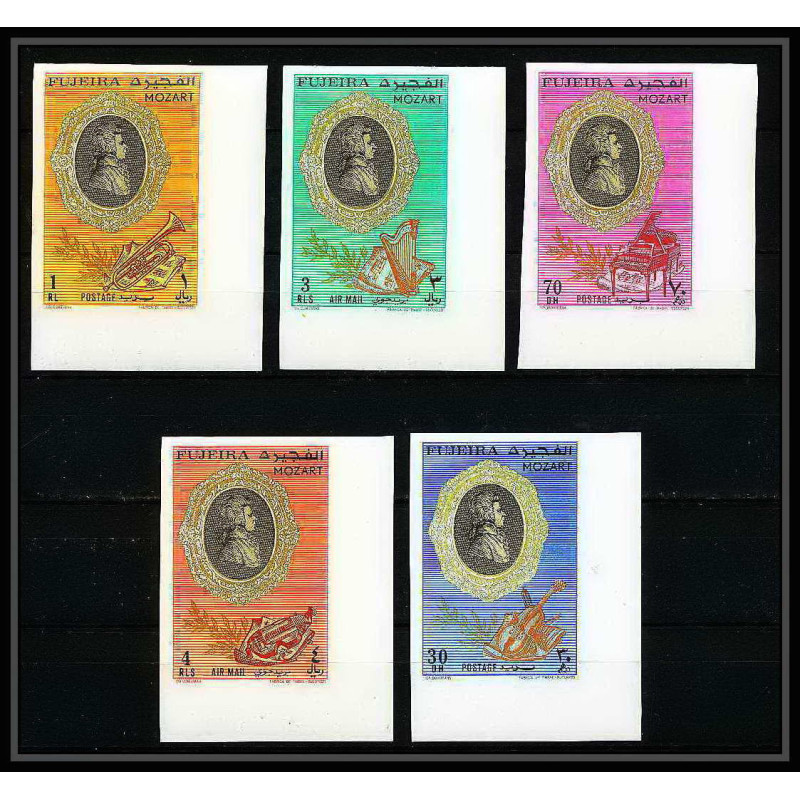 397c - Fujeira MNH ** Mi N° 770 / 774 B Musique (music) Wolfgang Amadeus Mozart non dentelé (Imperf) coin de feuil