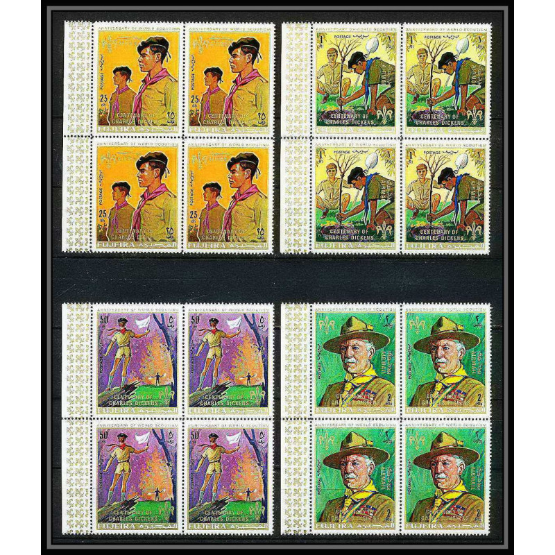 402b - Fujeira MNH ** Mi N° 517 / 520 A Scout (Pfadfinder scouting jamboree scouts) Overprint gold charles dickens bloc 