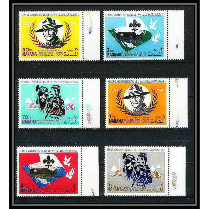 404b - Manama MNH ** Mi N° 31 / 36 A Scout (Pfadfinder jamboree scouts) Farragut state park 1967 spécial margin